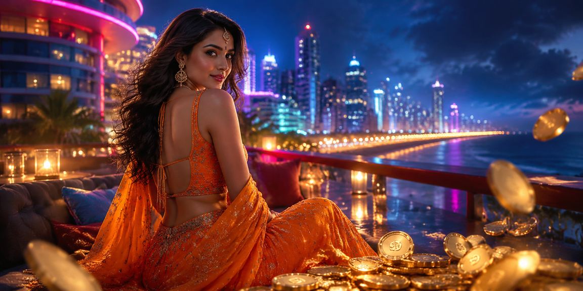 Teen Patti players betting in neon-lit Mumbai casino atmosphere